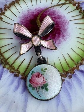Vintage Norway Sterling Guilloche Enamel Ribbon & Rose Brooch Pin